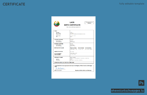 Laotische Geburtsurkunde – Beispielansicht (Word und PDF)